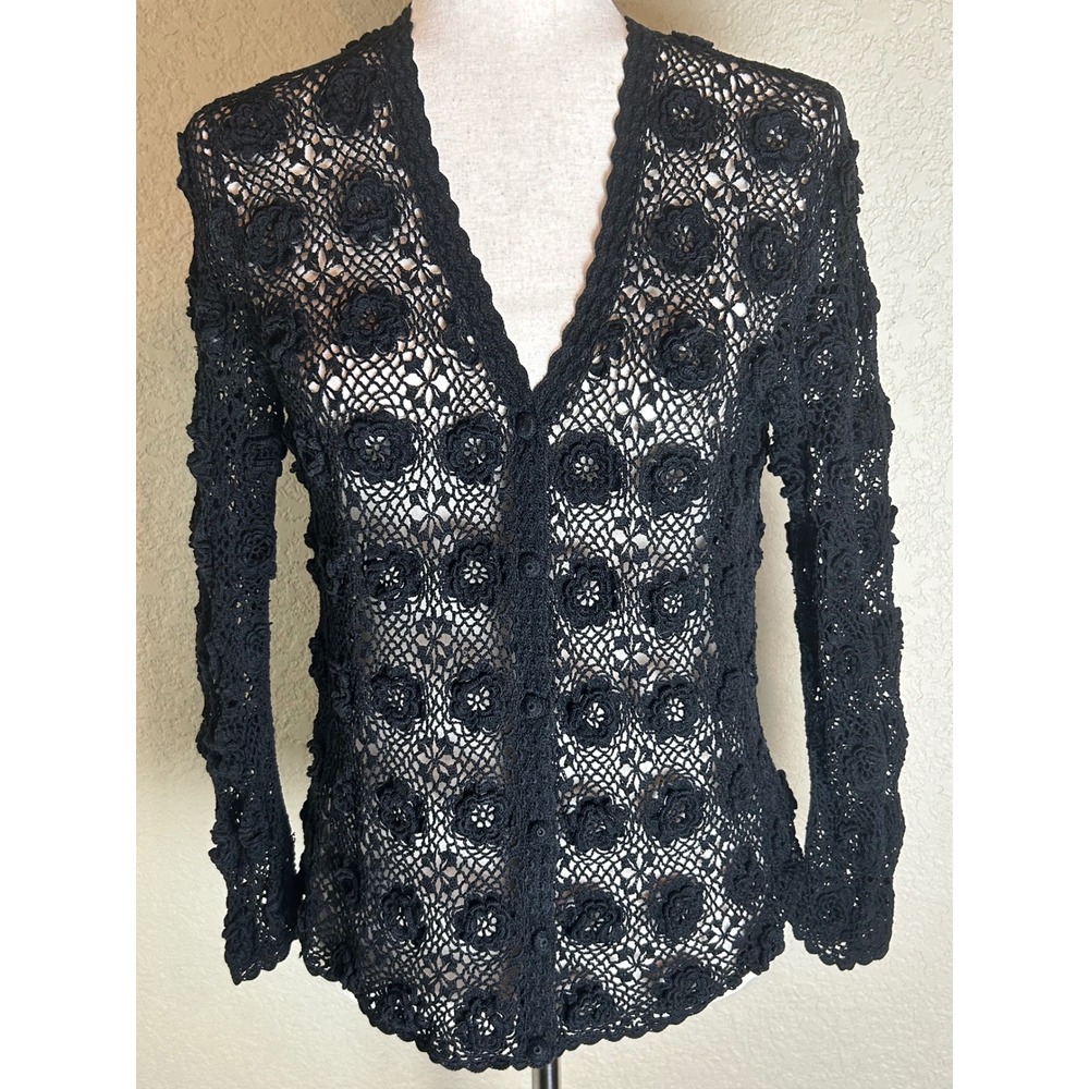 Handmade Cardigan Sweater Women Small Black Crochet Floral Knit V-Neck Button Up